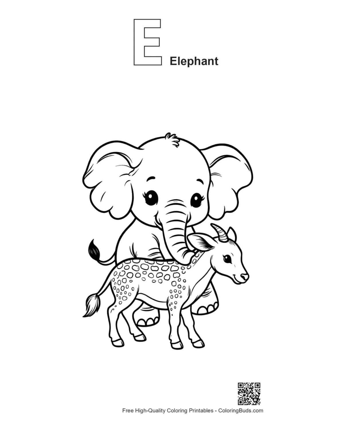 Outline baby elephant fawn cuddling with E alphabet