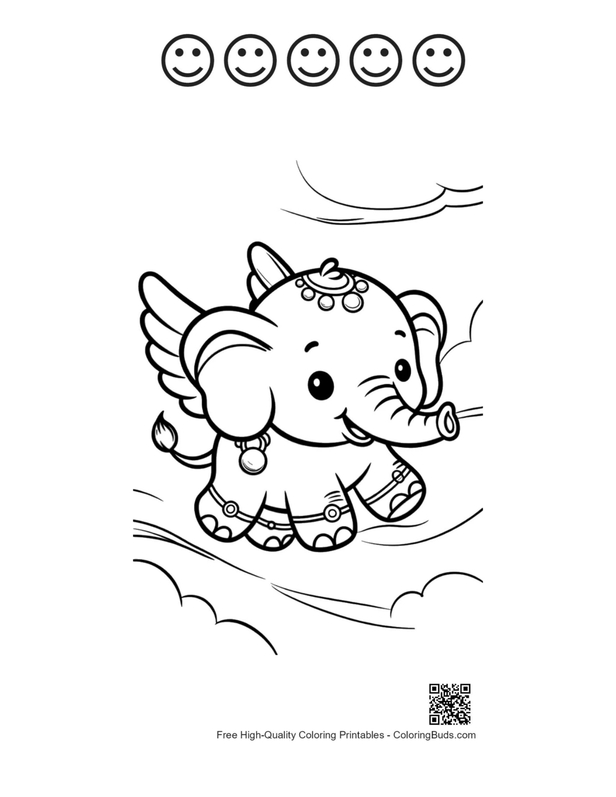 Printable baby elephant with happy faces outlines