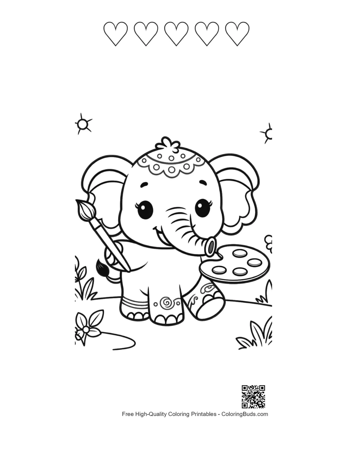 Baby elephant balloons with 5 heart outlines printable