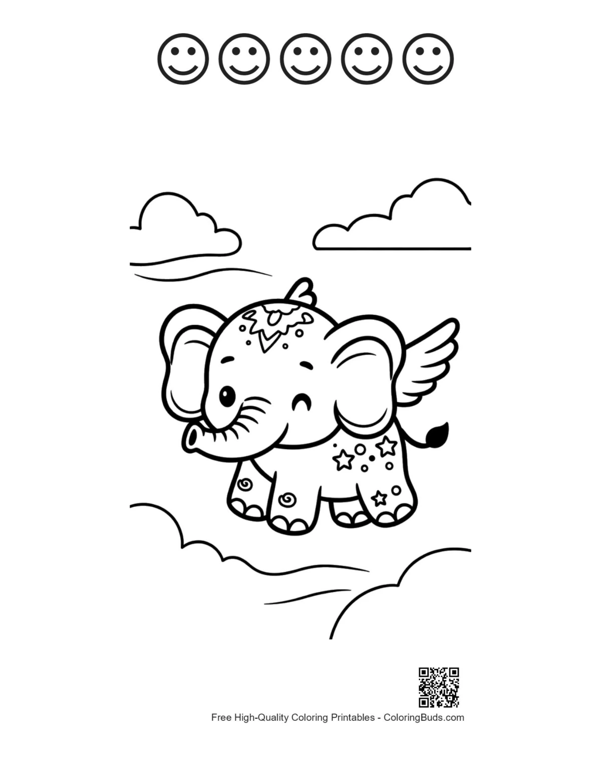 Baby elephant with 5 happy faces outline printable
