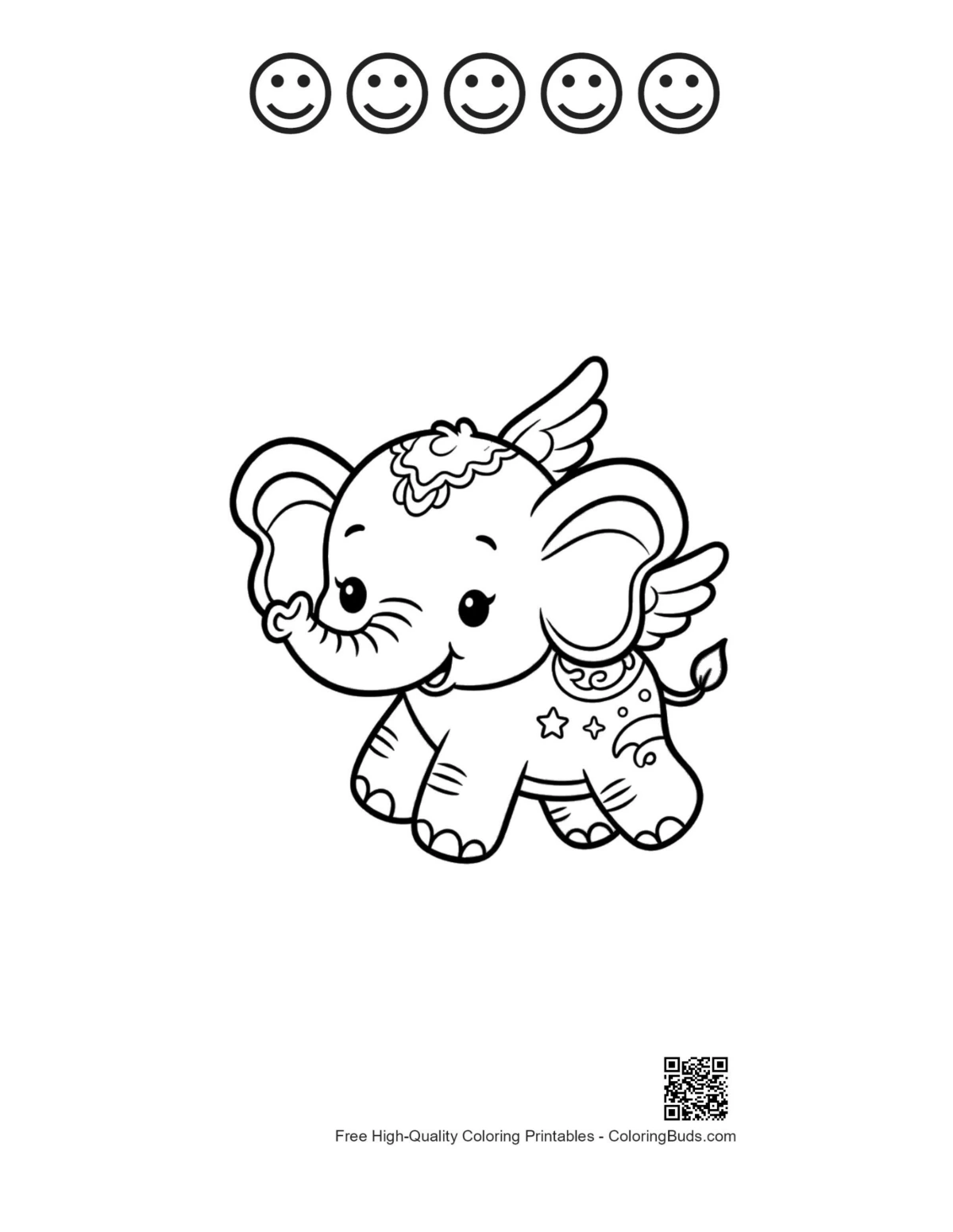Baby elephant with 5 happy faces outline printable