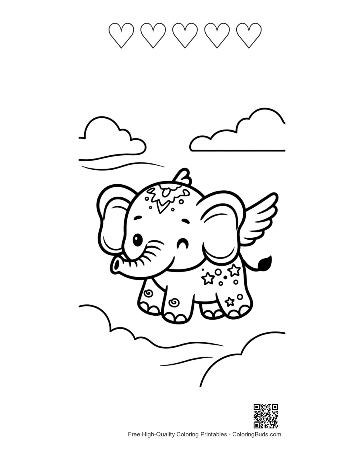 Baby elephant with 5 hearts outline coloring sheet