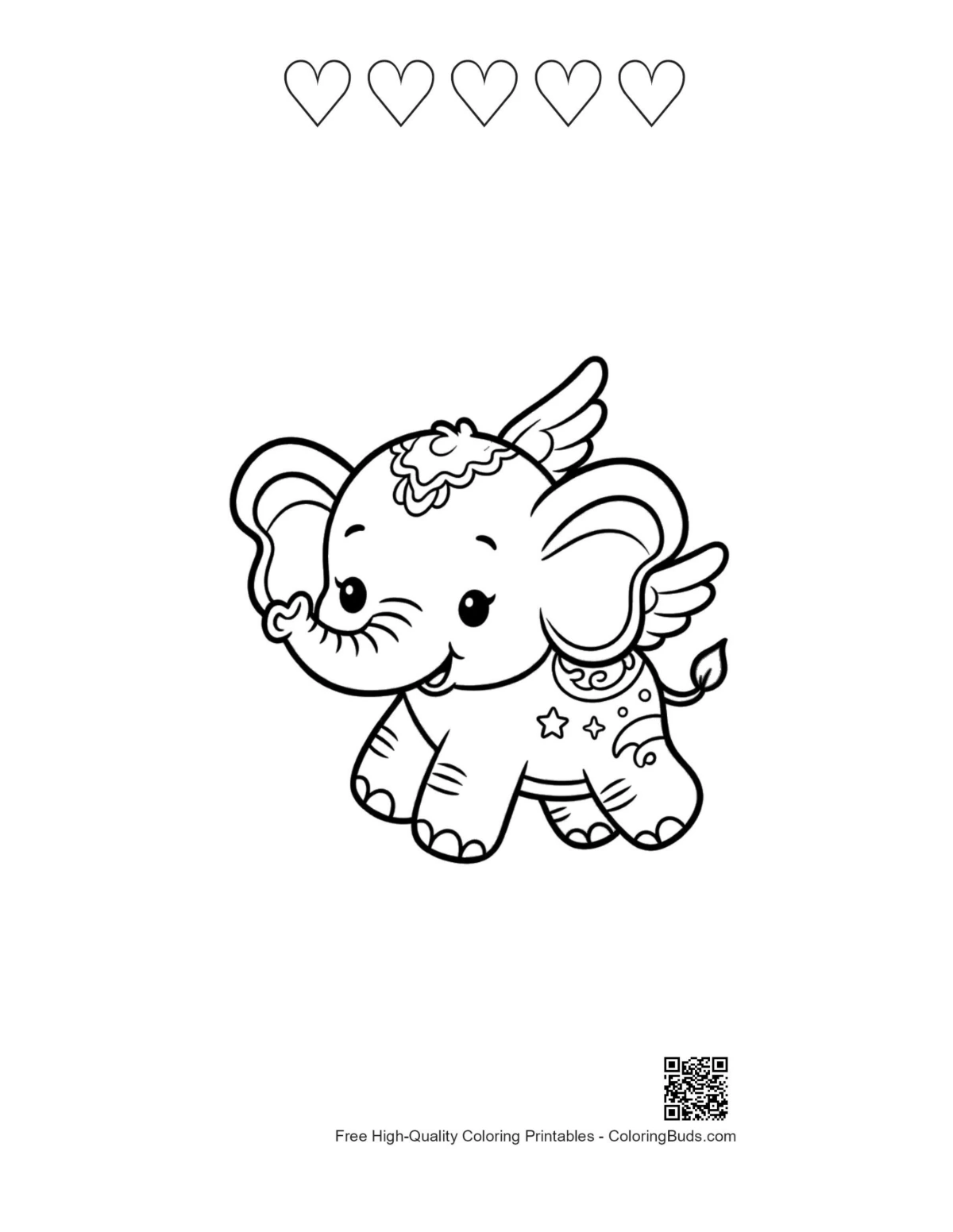 Baby elephant with 5 hearts outline coloring printable