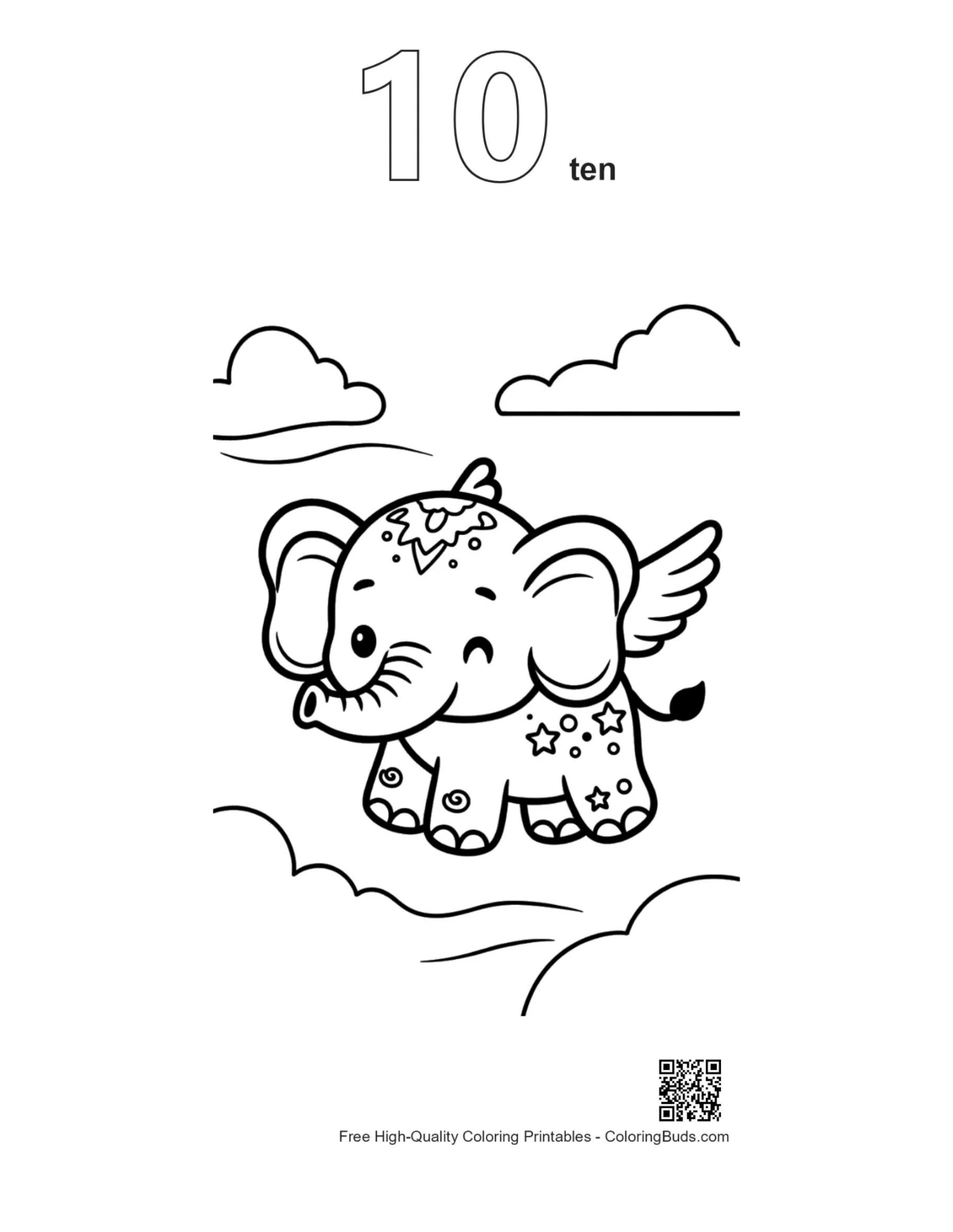 Baby elephant outline with number 10 printable