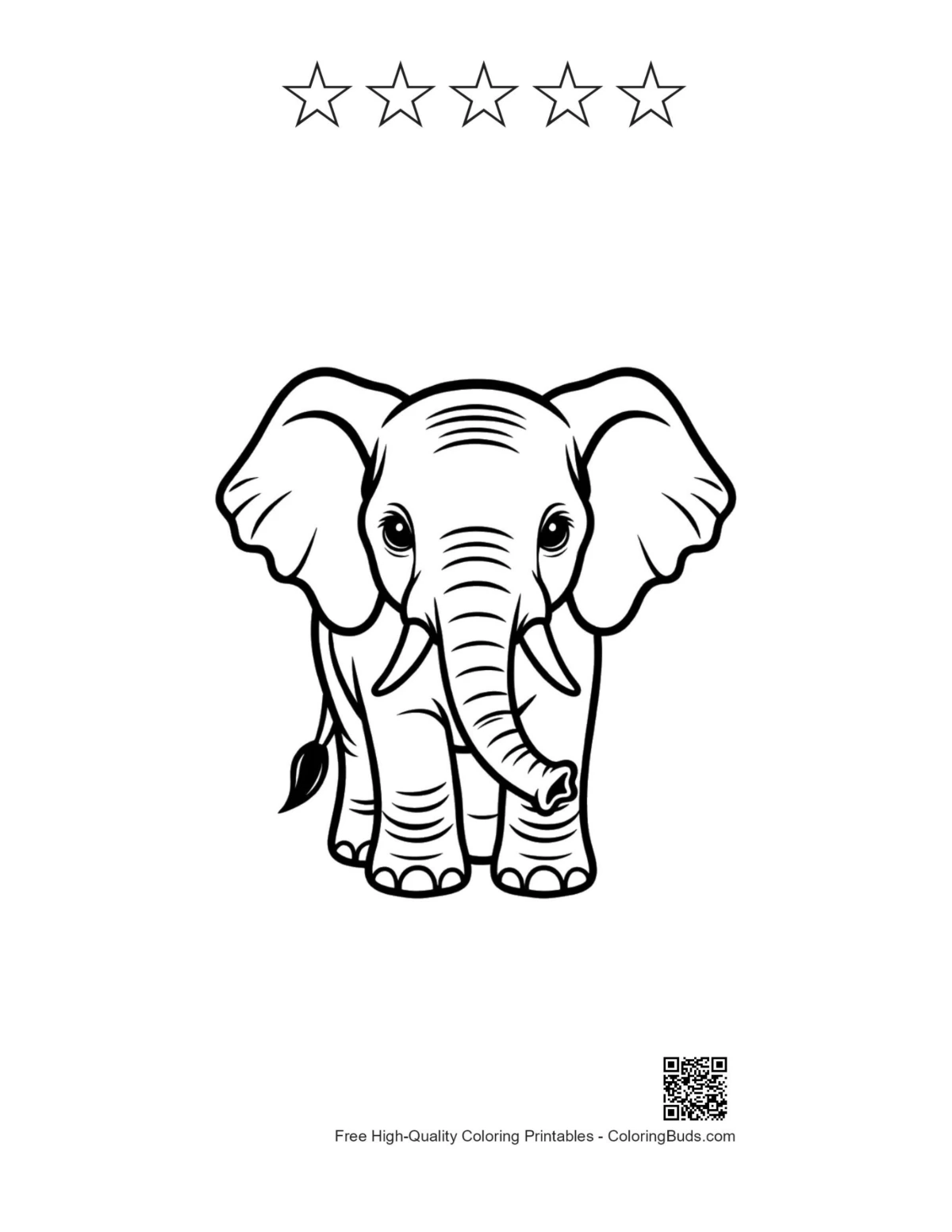 Cute baby elephant with 5 stars outline printable