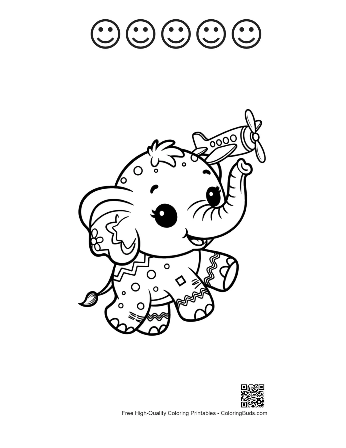 Baby elephant coloring with 5 happy faces