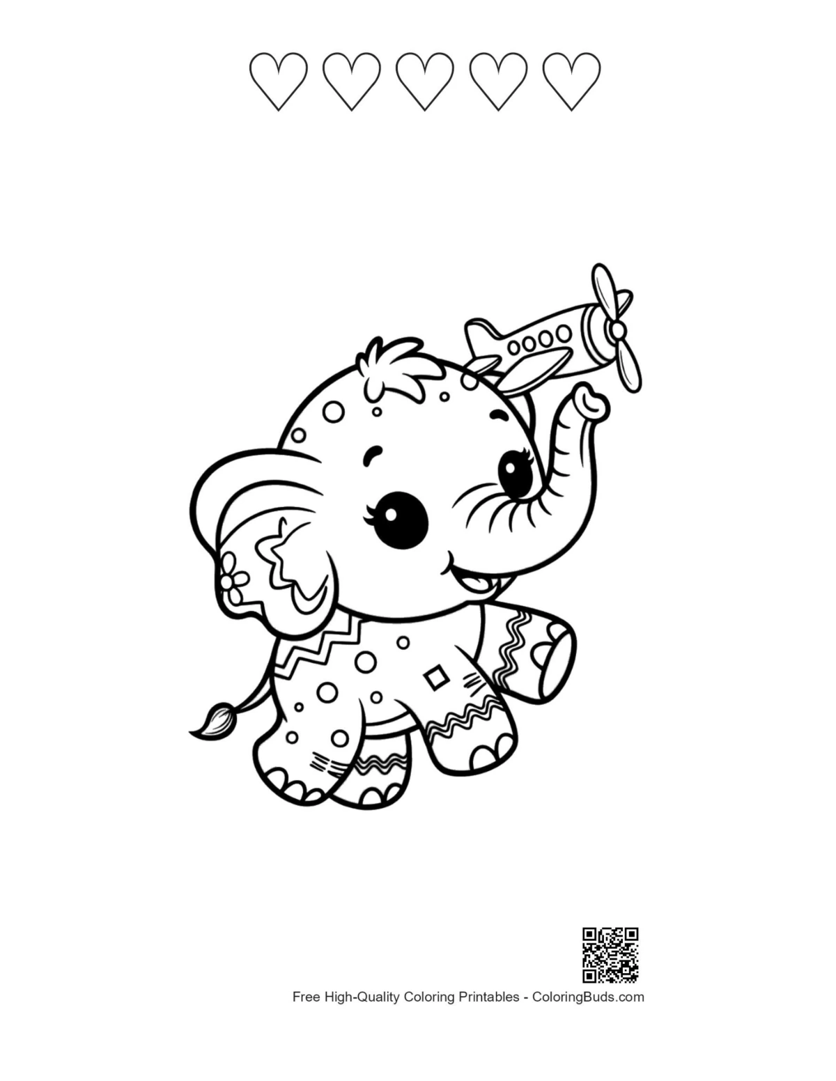 Baby elephant printable with 5 heart outlines