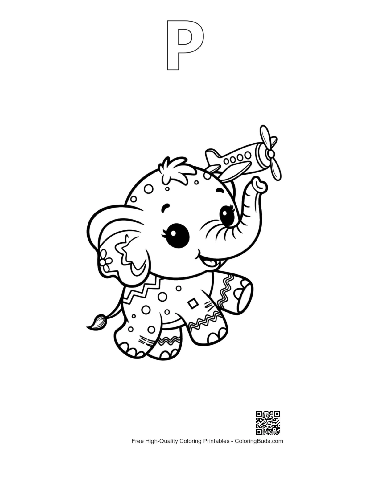 Baby elephant coloring page alphabet P outline