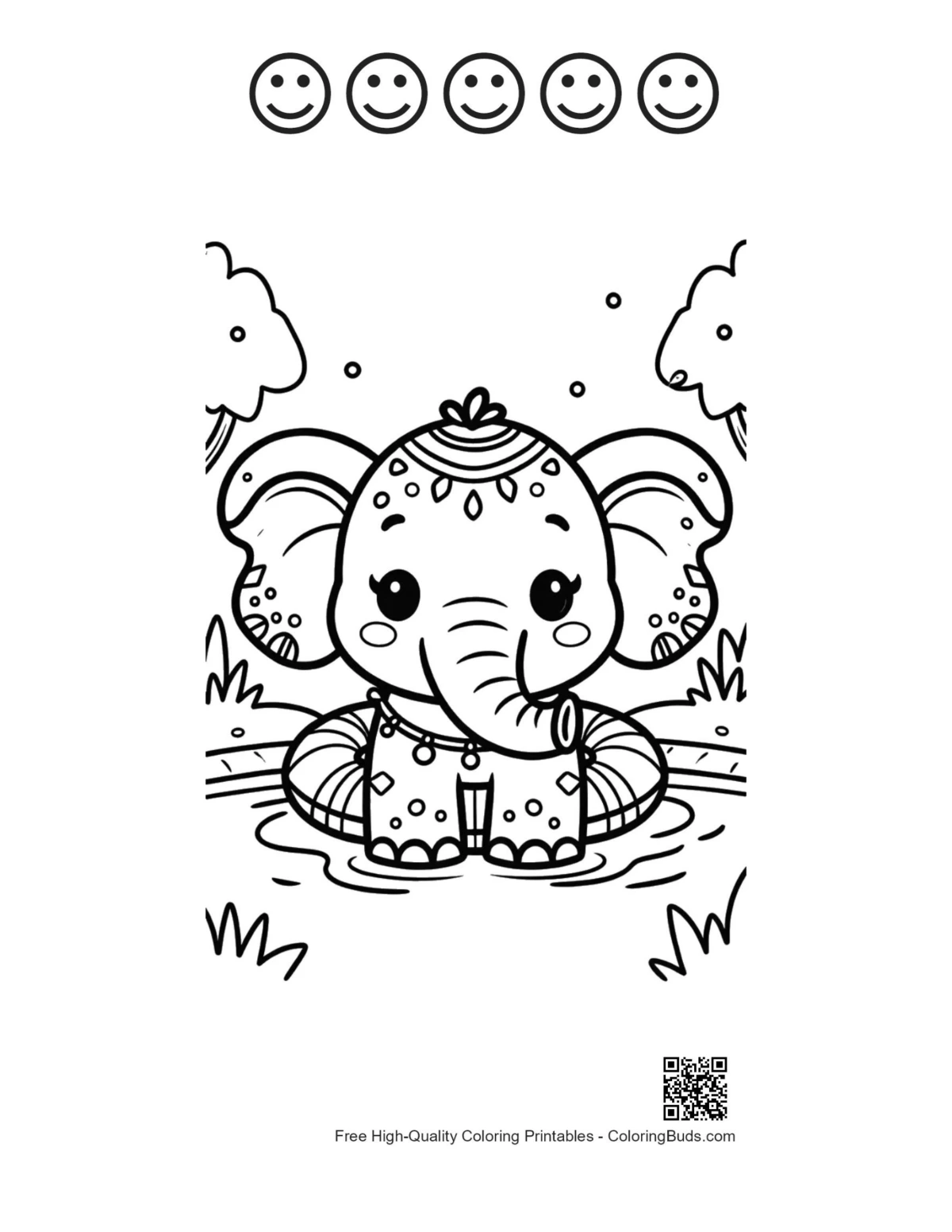 Baby elephant printable coloring sheet featuring 5 happy face outlines