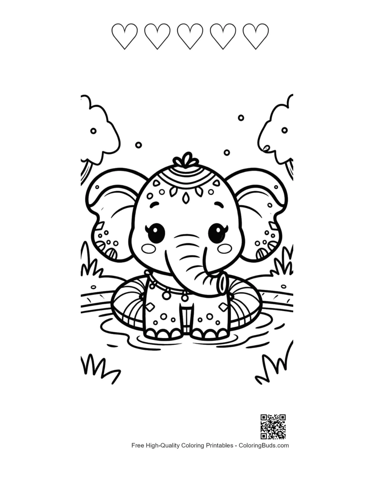 Free baby elephant coloring sheet printable with 5 heart outlines