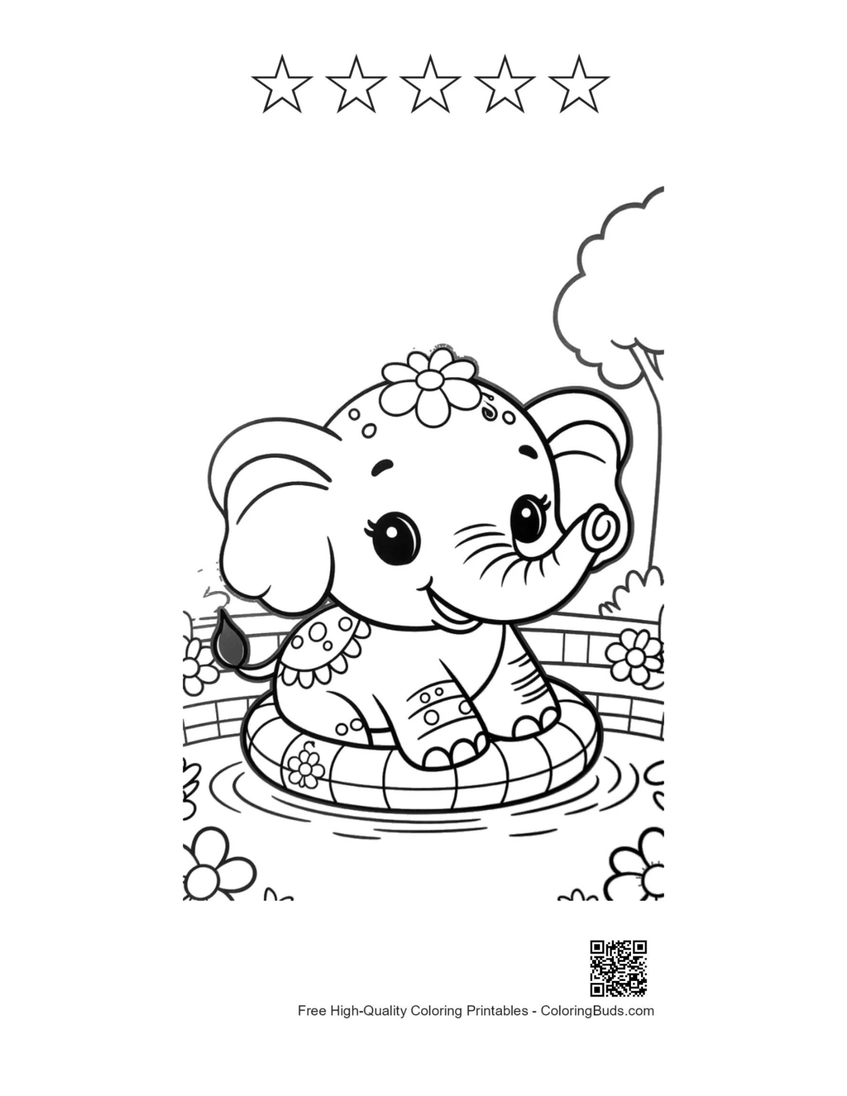 Baby elephant with 5 stars outline printable