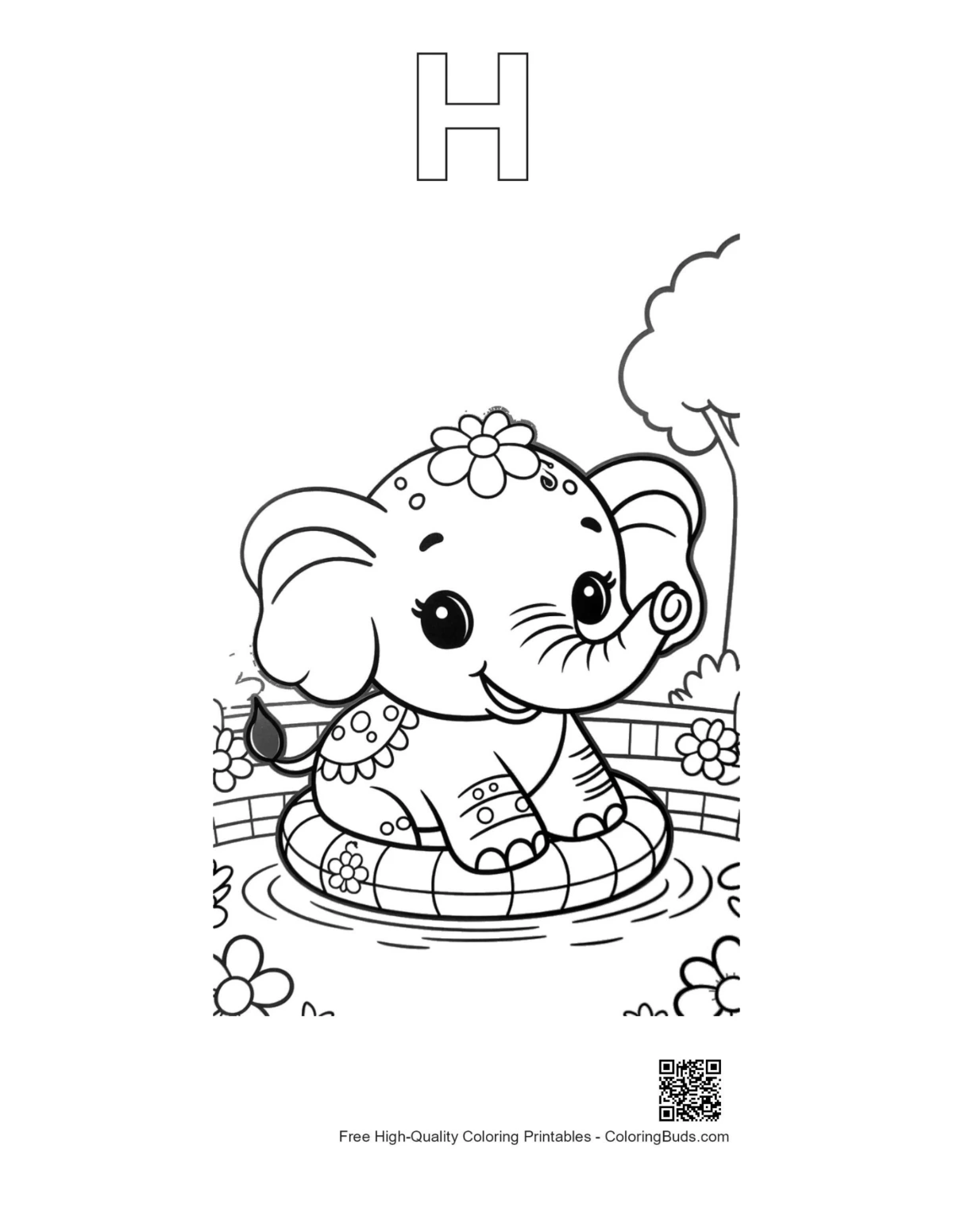 Baby elephant alphabet H coloring outline