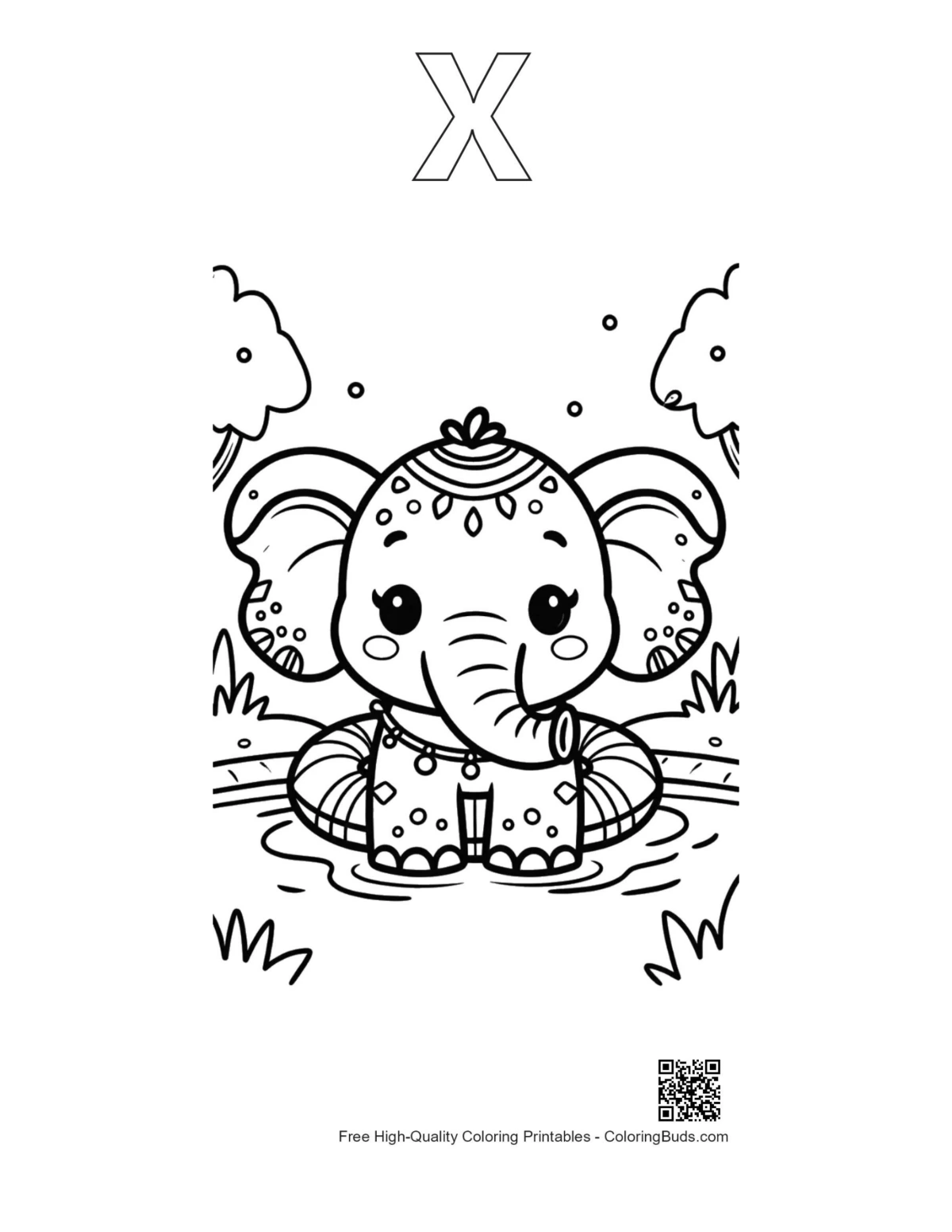 Baby elephant coloring sheet printable with alphabet letter X outline