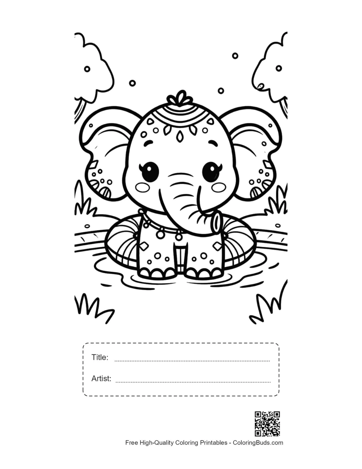 Printable baby elephant coloring page with title and artist name box
