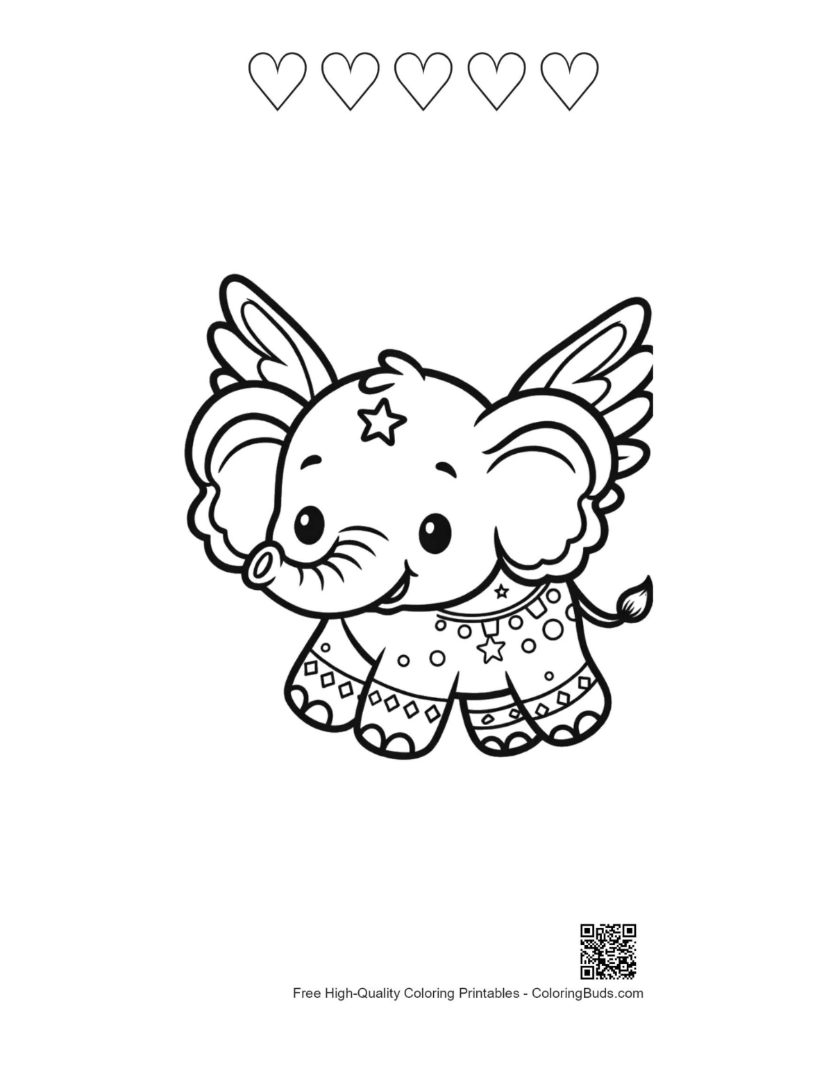 baby elephant coloring printable with 5 hearts
