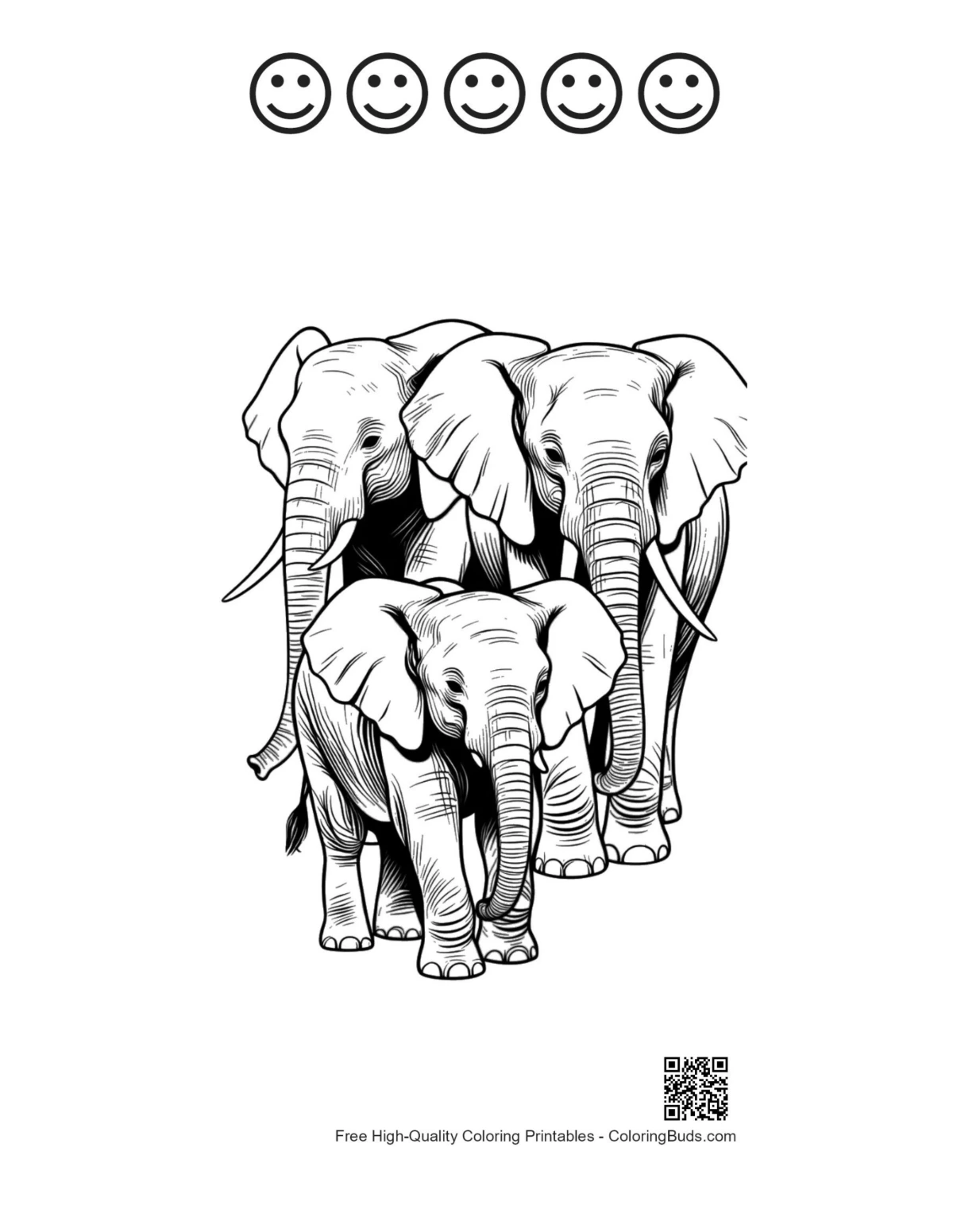Elephant family line art with happy faces printable