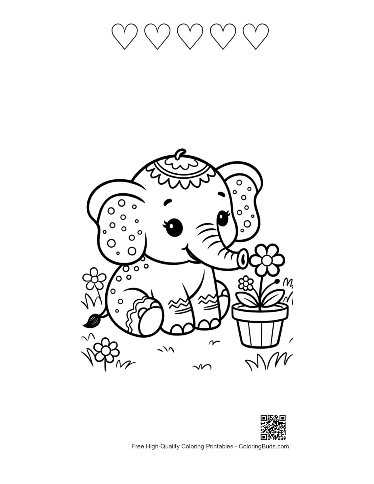 Baby elephant printable with 5 heart outlines