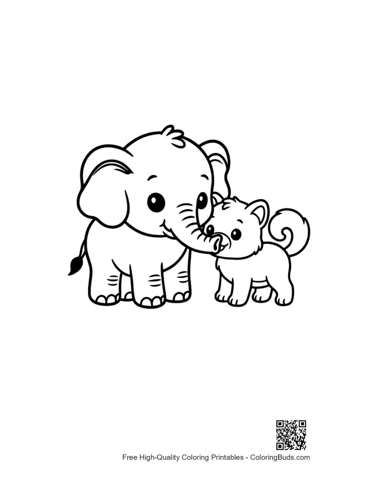 Mother elephant nuzzling baby with puppy art