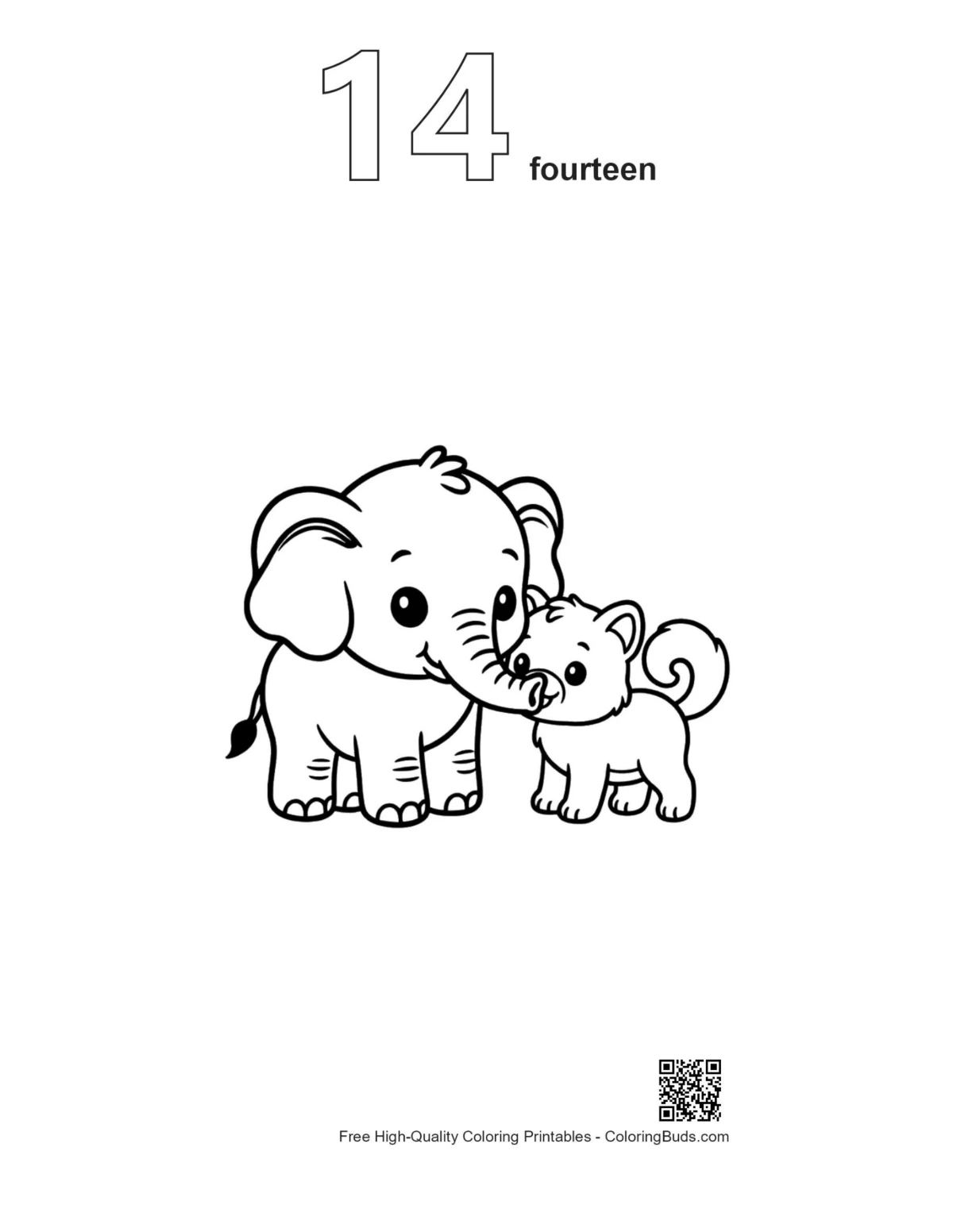 Number 14 baby elephant coloring outline