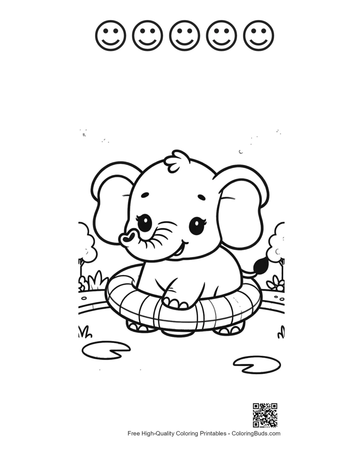 baby elephant coloring with 5 happy faces printable