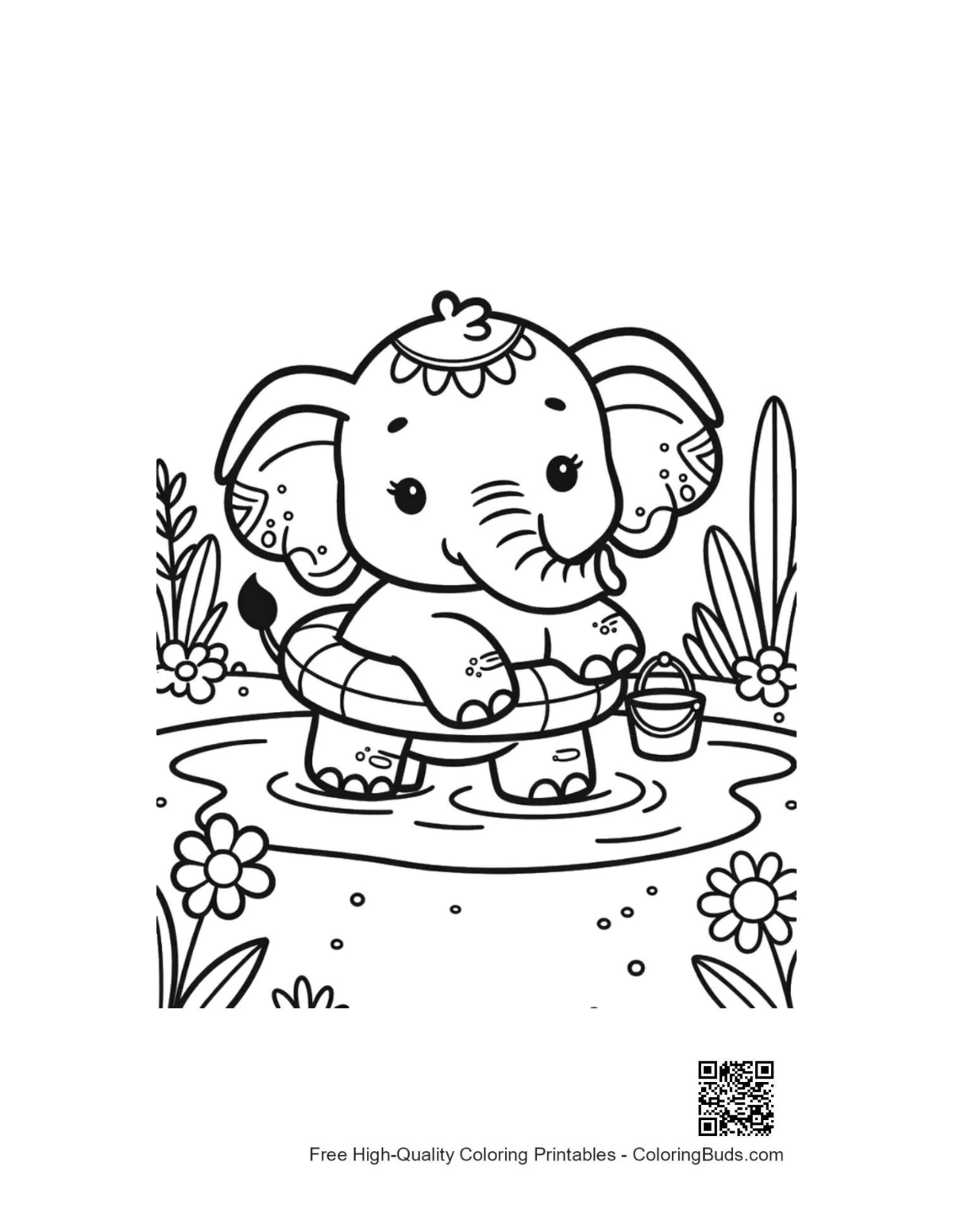 small elephant calf holding ball printable coloring page