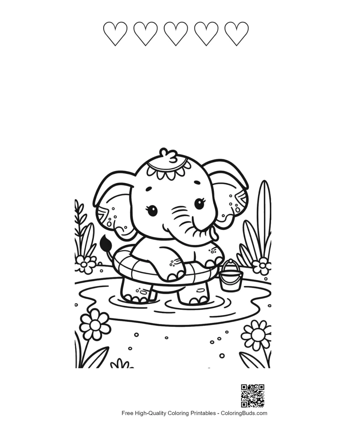 Baby Elephant coloring page hearts printable