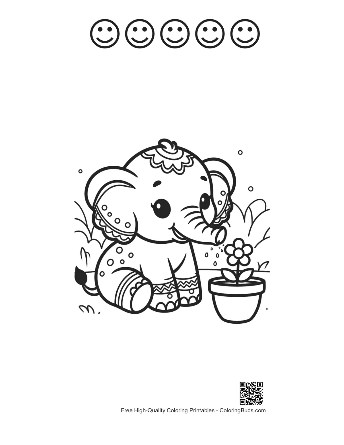 Cute Baby Elephant with happy faces outline printable