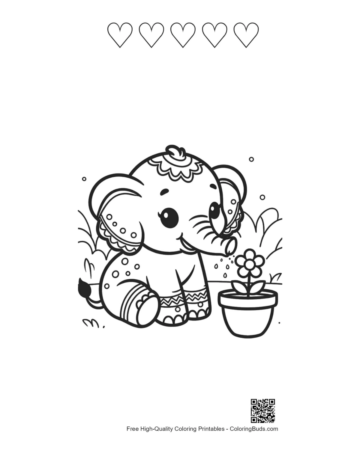 Baby Elephant balancing printable with heart outlines