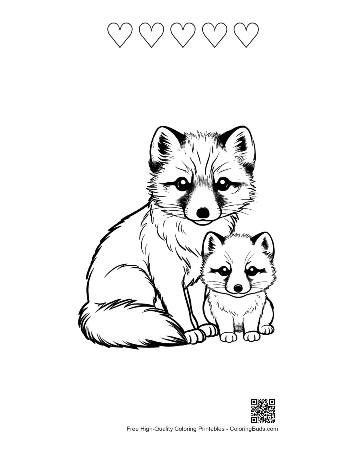 Arctic fox printable with 5 hearts