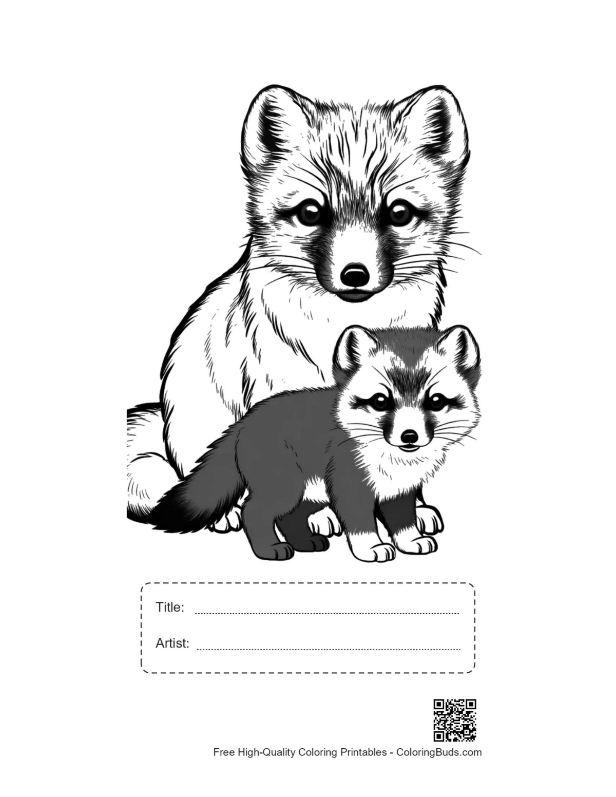 Printable arctic fox mom and pup with title area
