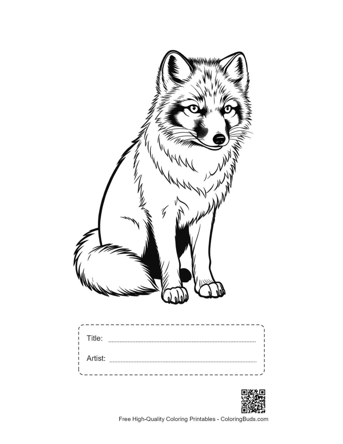 Printable arctic fox sitting with title box
