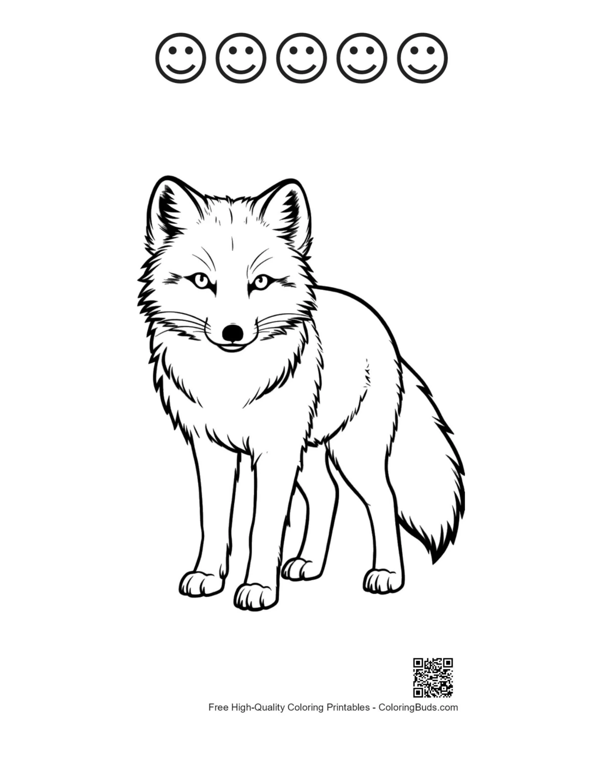 Printable adorable arctic fox alert pose with happy face outlines