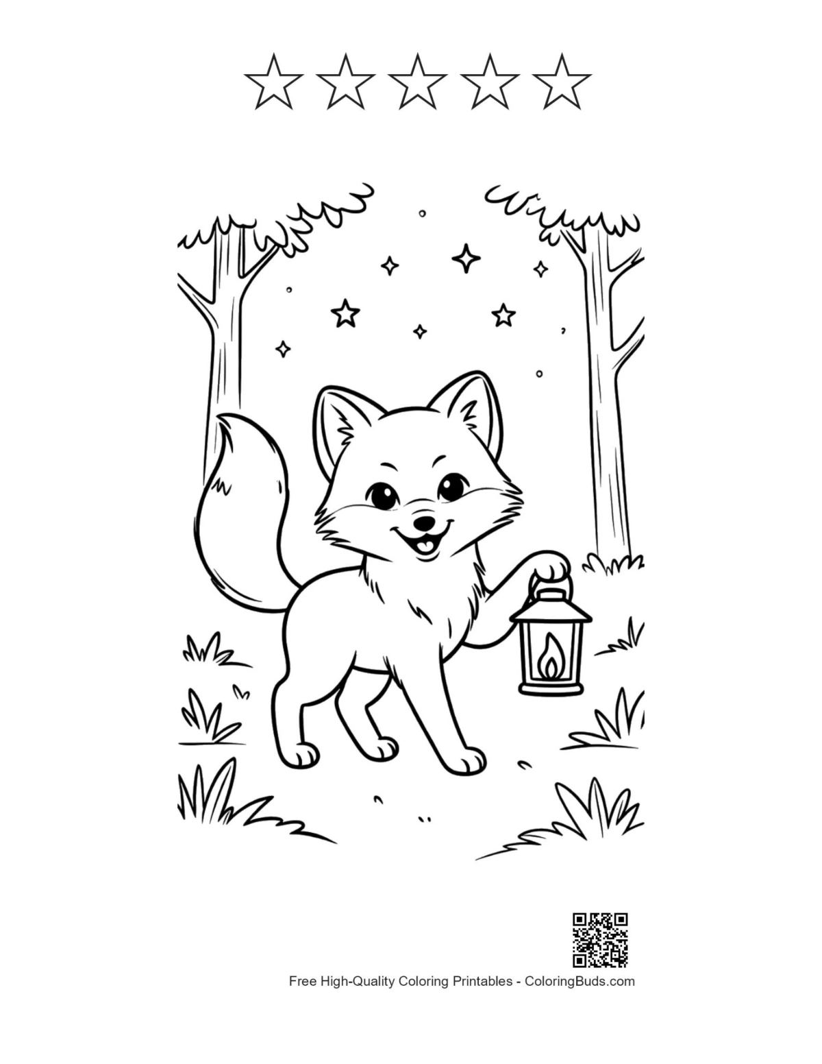 Arctic fox printable with 5 star outlines butterflies crown