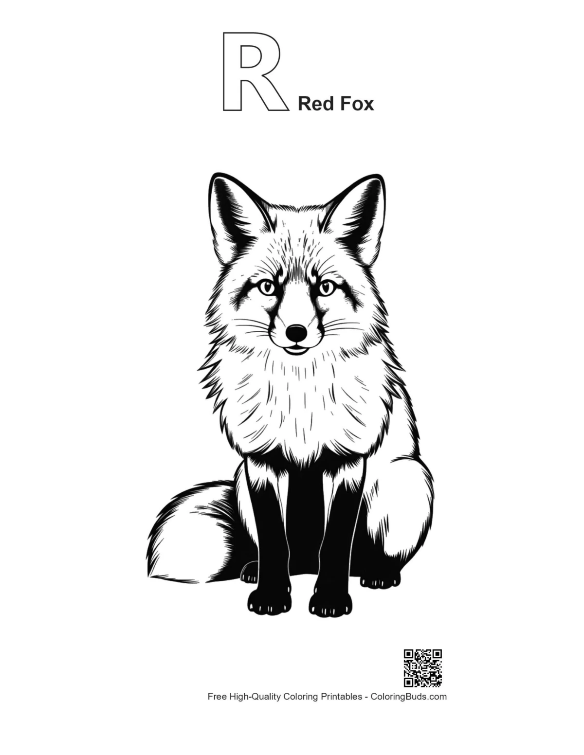 Red fox line art with alphabet R outline printable