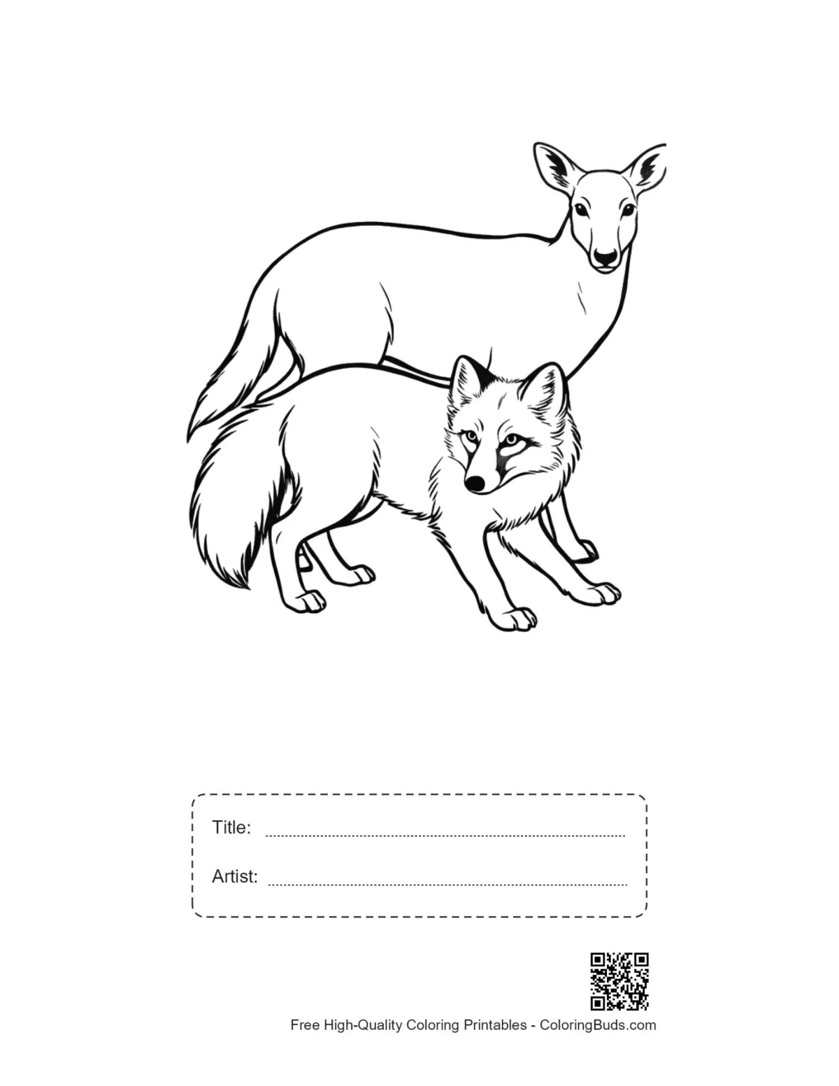 Printable Arctic Fox Doe line art with title box