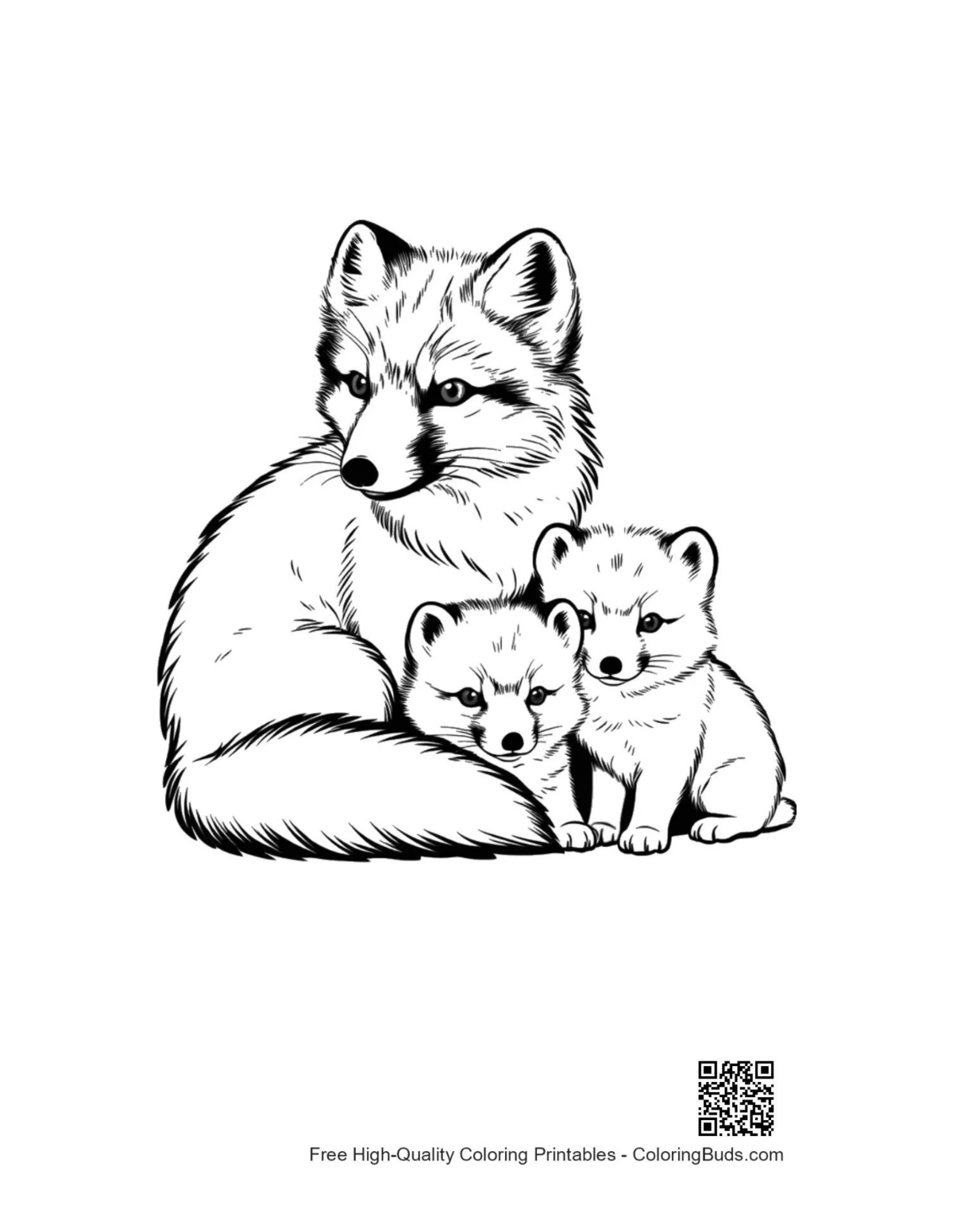 Cute Arctic fox mother with pups coloring page