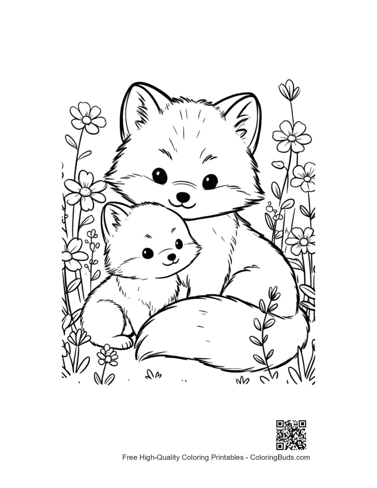 Cute arctic fox printable coloring page outline for kids