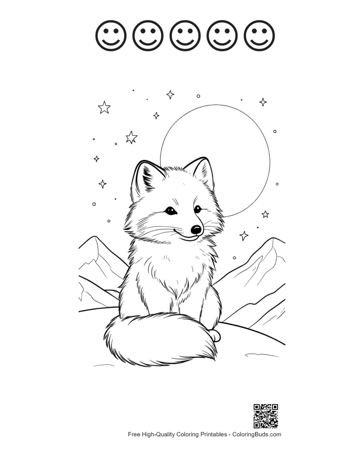Arctic Fox with 5 happy face outlines printable
