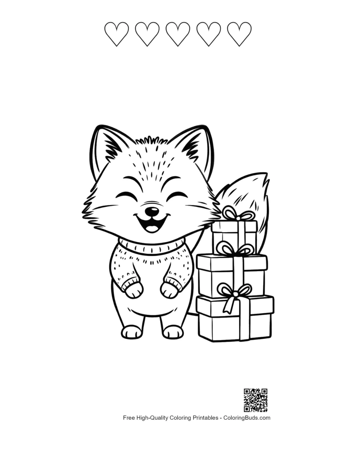 Arctic Fox printable outline with 5 hearts theme