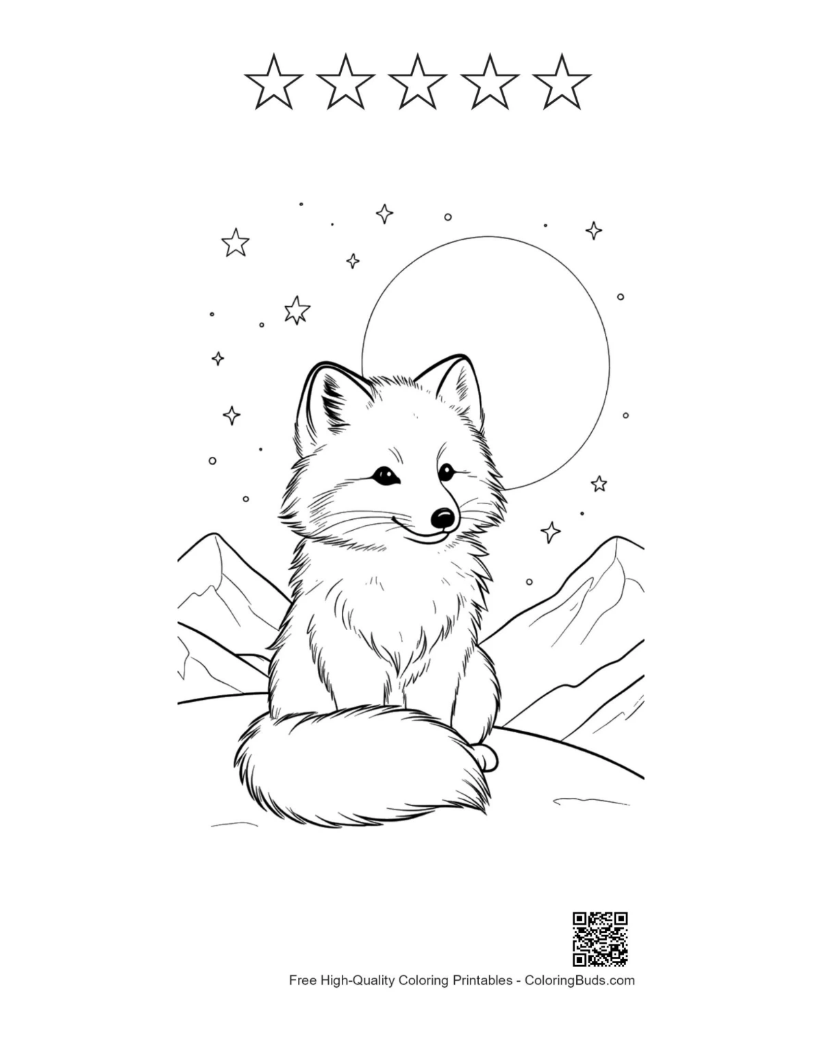 Arctic Fox with 5-star outline printable sheet
