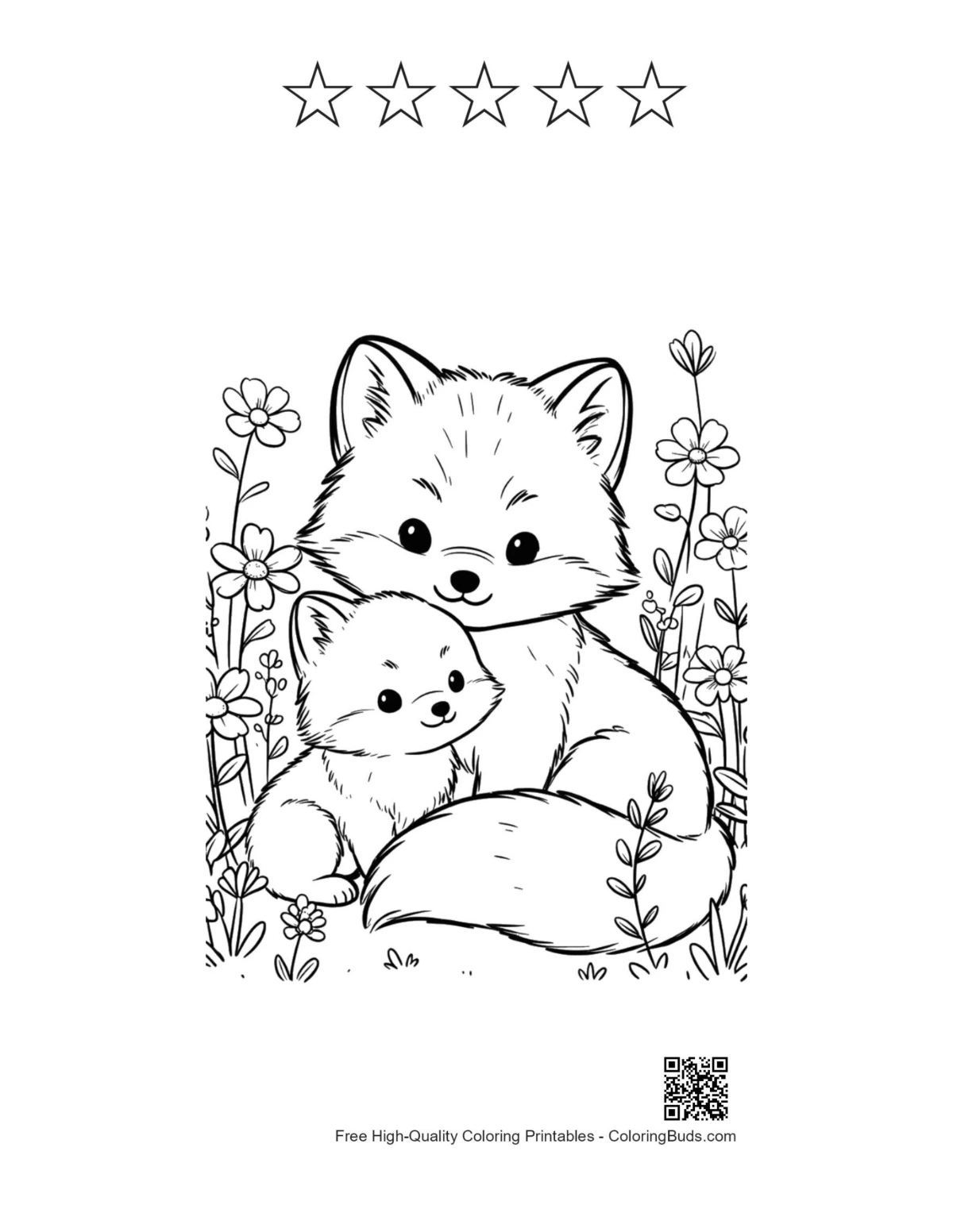 Arctic fox with five star outlines printable coloring sheet