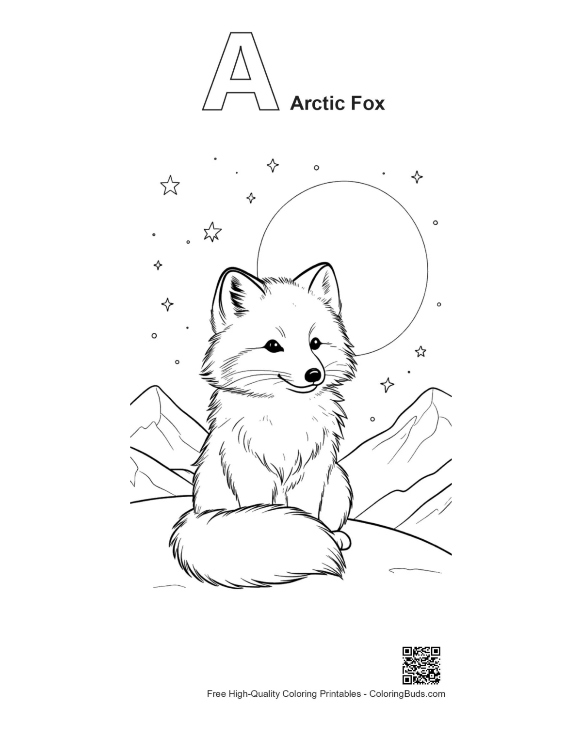 Alphabet A Arctic Fox outline printable coloring page