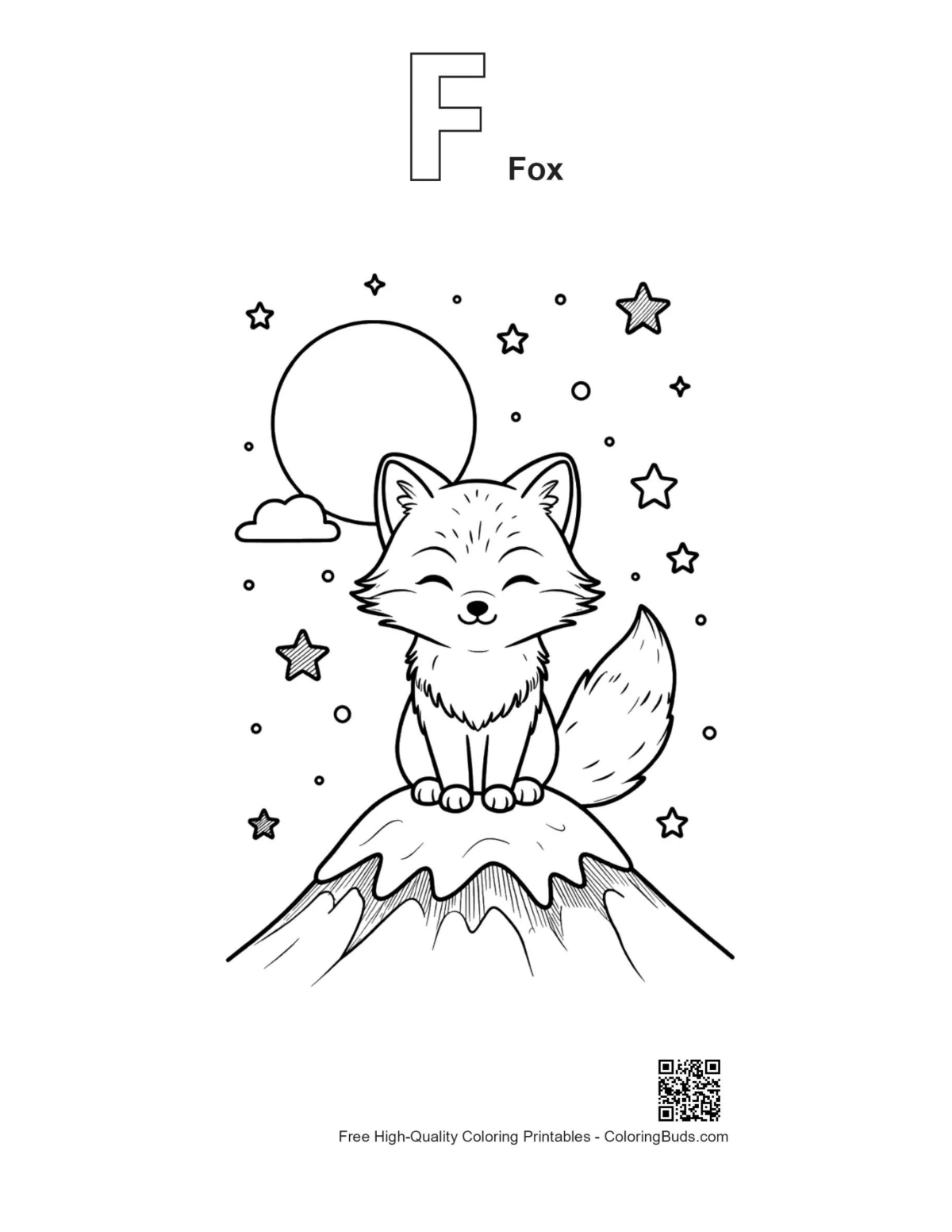 Arctic fox outline with alphabet F printable page