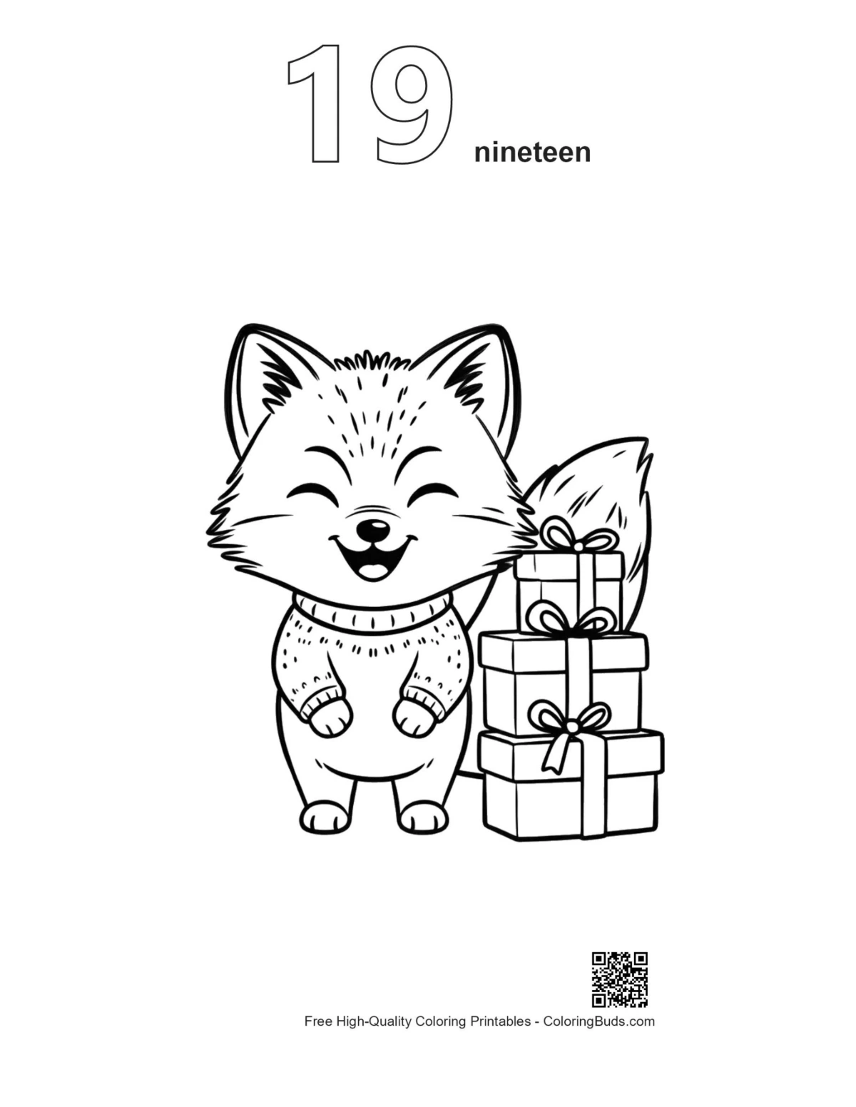 Arctic Fox outline printable numbered 19 for coloring