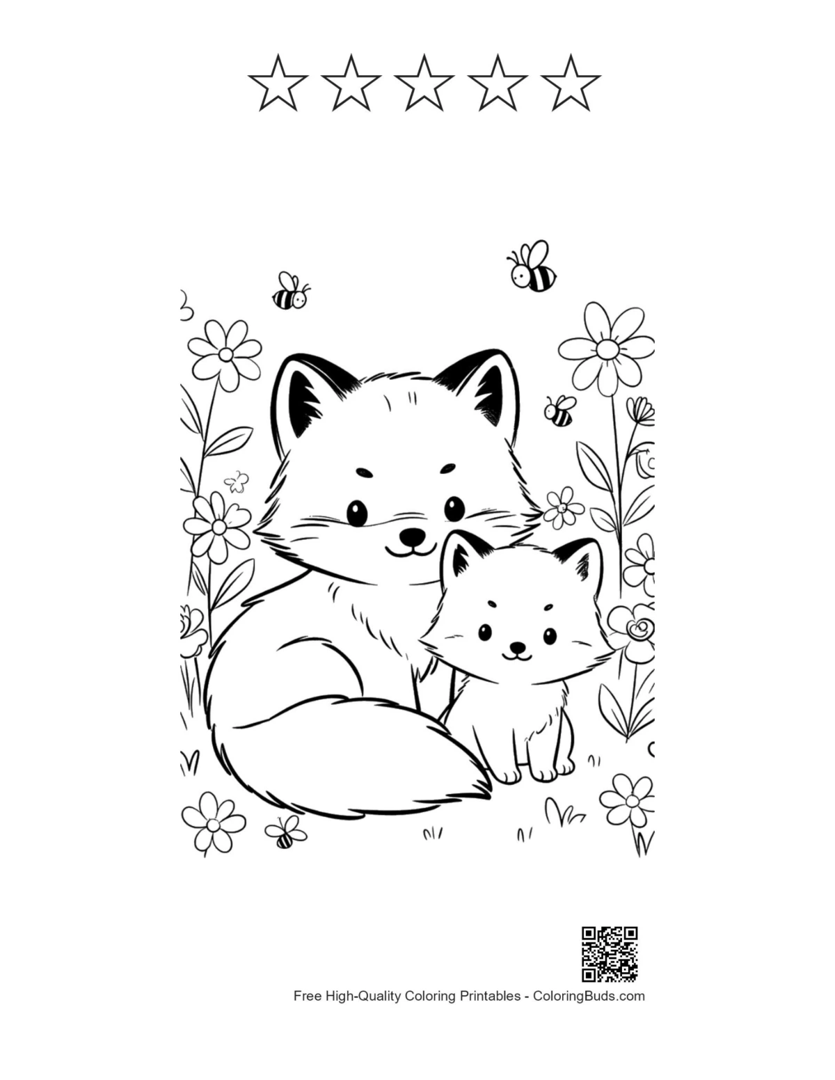 Arctic fox with 5-star rating outline printable