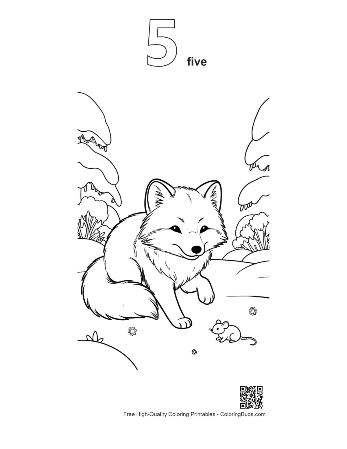 Snowy arctic fox car hood outline number 5 printable