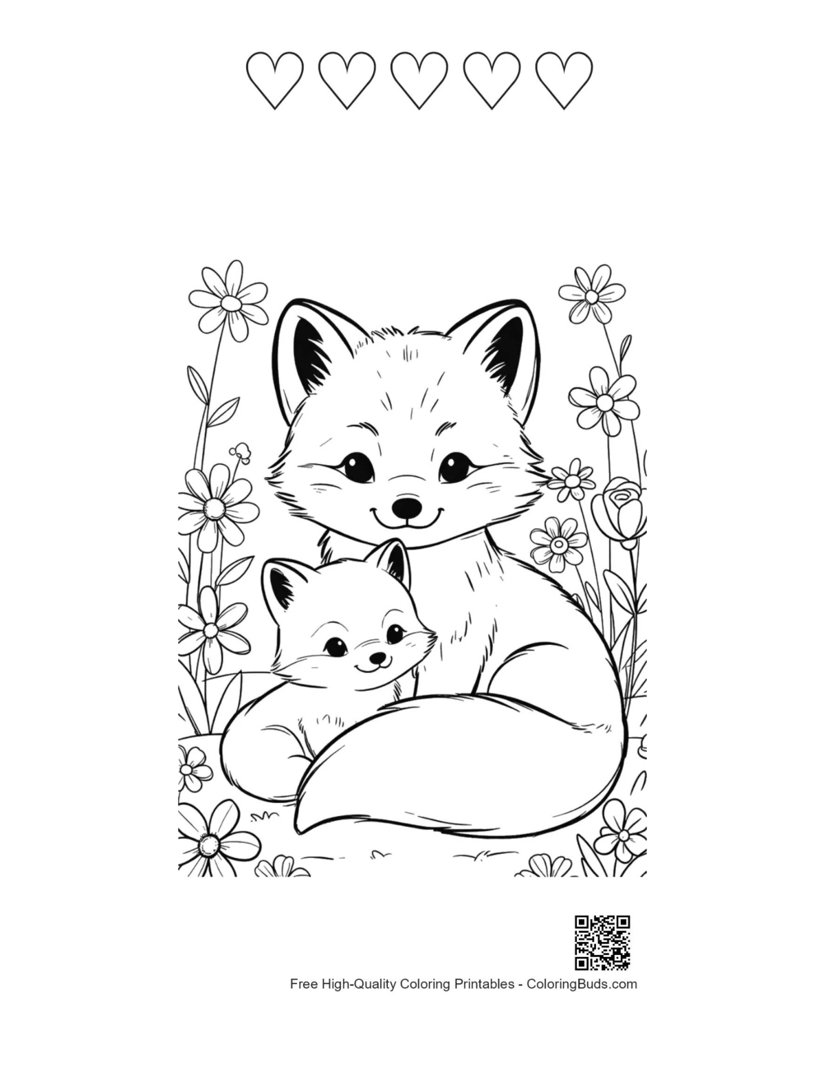 Arctic fox gift box mountains 5 heart outlines coloring page