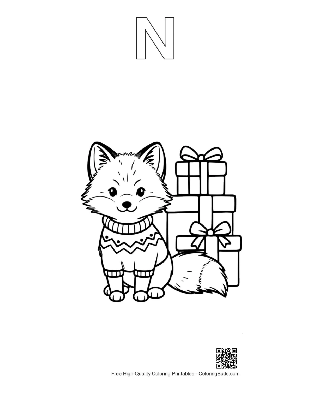 Arctic fox outline alphabet N blossoms butterflies