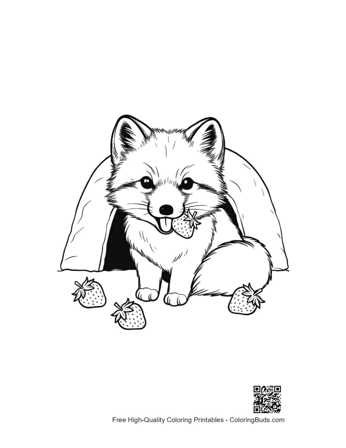 Curious Arctic fox in frozen winter wonderland coloring page