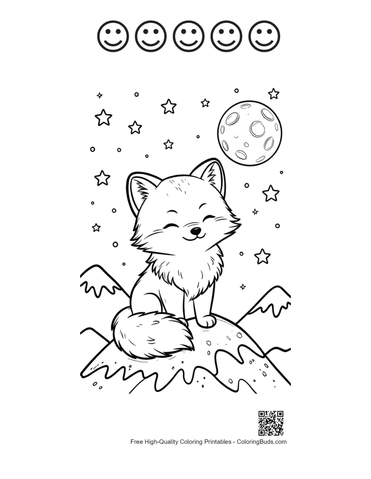 Cute Arctic fox with 5 happy faces outline